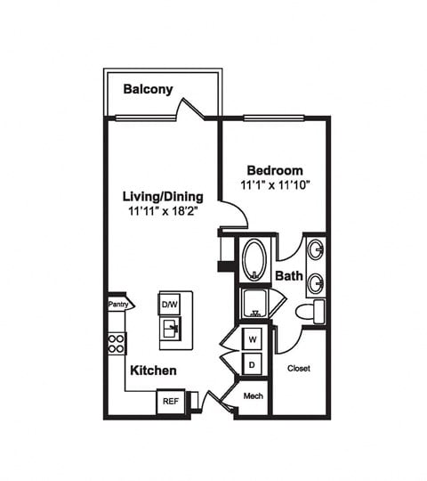 Floor plan for 1 bed, 1 bath, 765 sqft